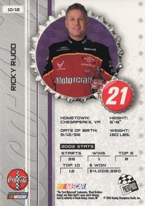 2003 Press Pass Coca-Cola Racing Family #10 Ricky Rudd Back