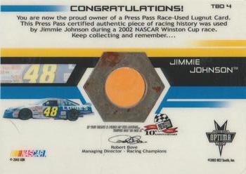 2003 Press Pass Optima - Thunder Bolts Drivers #TBD 4 Jimmie Johnson Back