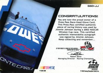 2003 Press Pass Stealth - Gear Grippers Drivers Autographs #GGD-JJ Jimmie Johnson Back