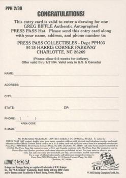 2003 Press Pass Trackside - Hat Giveaway #PPH 2 Greg Biffle Back