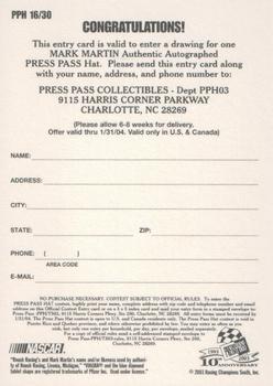 2003 Press Pass Trackside - Hat Giveaway #PPH 16 Mark Martin Back