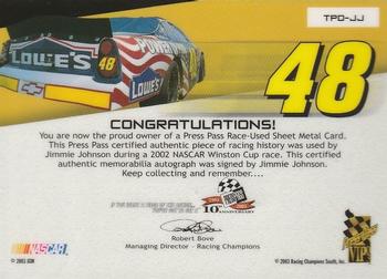 2003 Press Pass VIP - Tradin' Paint Drivers Autographs #TPD-JJ Jimmie Johnson Back
