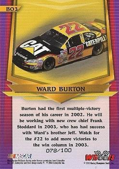 2003 Wheels American Thunder - Born On #BO3 Ward Burton Back