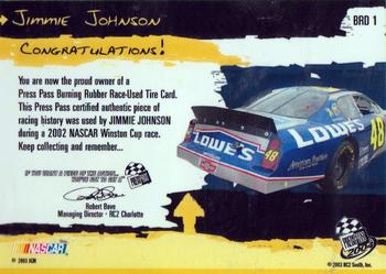 2004 Press Pass - Burning Rubber Drivers #BRD 1 Jimmie Johnson Back