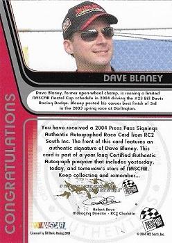 2004 Press Pass - Signings #NNO Dave Blaney Back