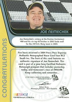 2004 Press Pass - Signings #NNO Joe Nemechek Back