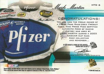 2004 Press Pass Premium - Hot Threads Drivers Bronze #HTD 6 Mark Martin Back