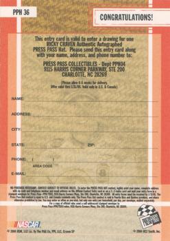2004 Press Pass Trackside - Press Pass Autograph Hat Giveaway #PPH 36 Ricky Craven Back