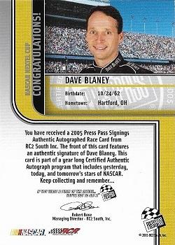 2005 Press Pass - Signings #NNO Dave Blaney Back