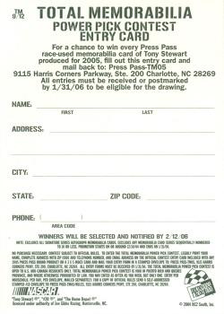 2005 Press Pass - Total Memorabilia Power Pick #TM 9 Tony Stewart Back