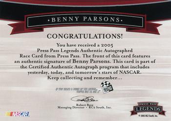 2005 Press Pass Legends - Autographs Blue #NNO Benny Parsons Back