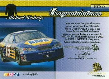 2005 Press Pass Premium - Hot Threads Drivers #HTD 13 Michael Waltrip Back