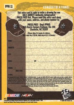 2005 Press Pass Trackside - Press Pass Autograph Hat Entry Card #PPH 11 Dale Jarrett Back