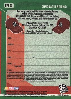 2005 Press Pass Trackside - Press Pass Autograph Hat Entry Card #PPH 13 Kasey Kahne Back