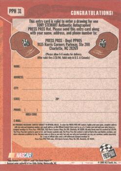 2005 Press Pass Trackside - Press Pass Autograph Hat Entry Card #PPH 31 Tony Stewart Back