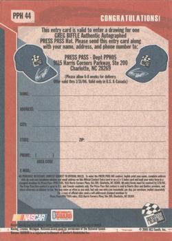 2005 Press Pass Trackside - Press Pass Autograph Hat Entry Card #PPH 44 Greg Biffle Back