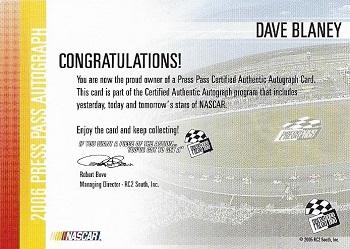 2006 Press Pass - Autographs #NNO Dave Blaney Back