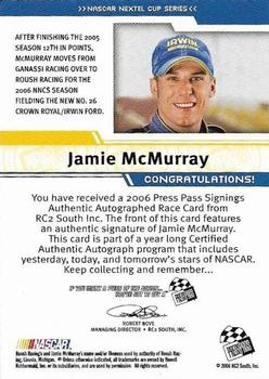 2006 Press Pass - Signings #NNO Jamie McMurray Back