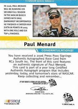 2006 Press Pass - Signings #NNO Paul Menard Back