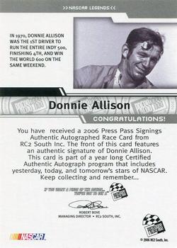 2006 Press Pass - Signings Gold #NNO Donnie Allison Back
