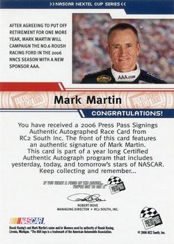 2006 Press Pass - Signings Gold #NNO Mark Martin Back