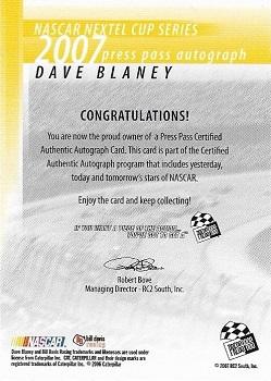 2007 Press Pass - Autographs #NNO Dave Blaney Back