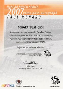 2007 Press Pass - Autographs #NNO Paul Menard Back