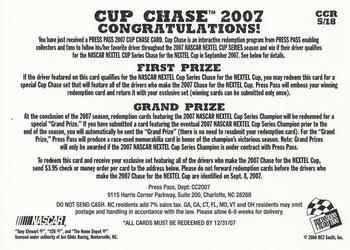 2007 Press Pass - Cup Chase #CCR 5 Tony Stewart Back