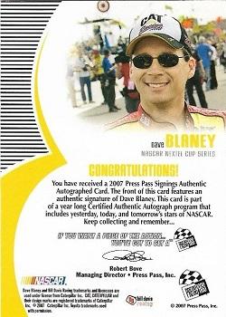 2007 Press Pass - Signings #NNO Dave Blaney Back