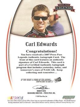 2007 Press Pass Legends - Autographs Blue #NNO Carl Edwards Back