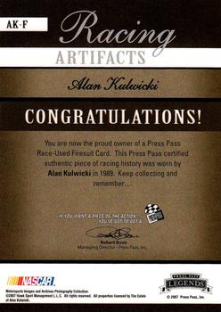 2007 Press Pass Legends - Racing Artifacts Firesuit Bronze #AK-F Alan Kulwicki Back