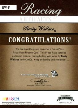 2007 Press Pass Legends - Racing Artifacts Firesuit Bronze #RW-F Rusty Wallace Back