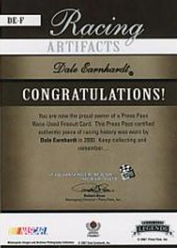 2007 Press Pass Legends - Racing Artifacts Firesuit Silver #DE-F Dale Earnhardt Back