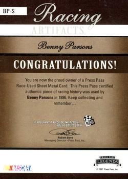 2007 Press Pass Legends - Racing Artifacts Sheet Metal Bronze #BP-S Benny Parsons Back