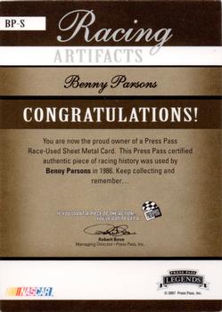 2007 Press Pass Legends - Racing Artifacts Sheet Metal Gold #BP-S Benny Parsons Back