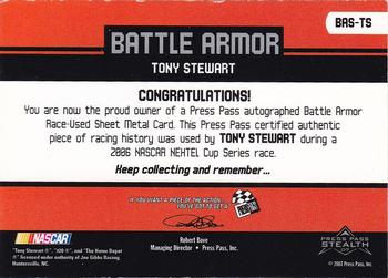 2007 Press Pass Stealth - Battle Armor Autographs #BAS-TS Tony Stewart Back