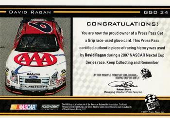 2007 Press Pass VIP - Get A Grip Drivers #GGD 24 David Ragan Back
