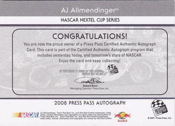 2008 Press Pass - Autographs #NNO A.J. Allmendinger Back