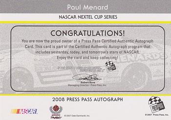2008 Press Pass - Autographs #NNO Paul Menard Back