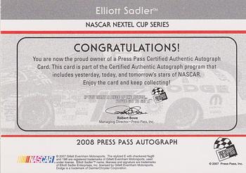 2008 Press Pass - Autographs #NNO Elliott Sadler Back