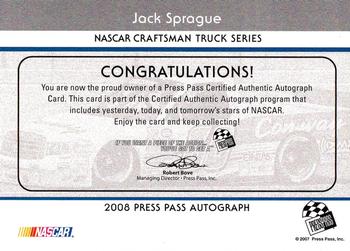 2008 Press Pass - Autographs #NNO Jack Sprague Back