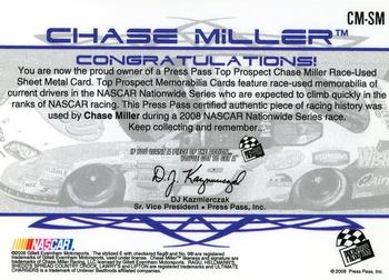 2008 Press Pass - Top Prospects Sheet Metal #CM-SM Chase Miller Back