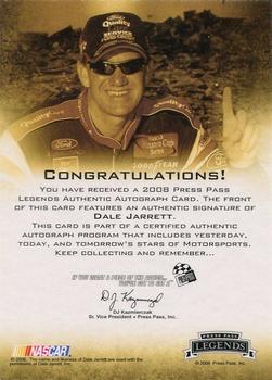 2008 Press Pass Legends - Autographs Blue Inscriptions #NNO Dale Jarrett/99 Cup Champ Back