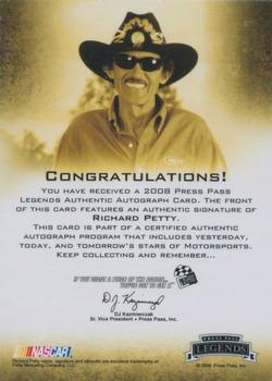 2008 Press Pass Legends - Autographs Blue Inscriptions #NNO Richard Petty 43 Back