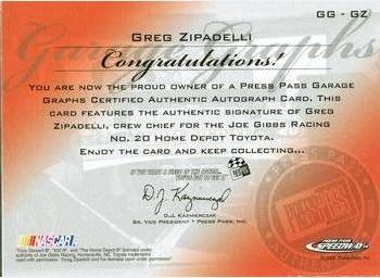 2008 Press Pass Speedway - Garage Graphs #GG-GZ Greg Zipadelli Back
