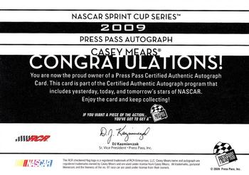 2009 Press Pass - Autograph Gold #NNO Casey Mears Back