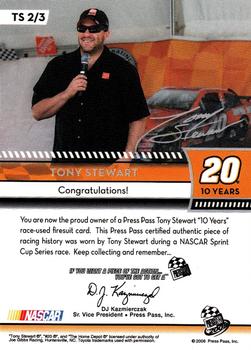 2009 Press Pass - Tony Stewart 10 Years Firesuit #TS 2 Tony Stewart Back