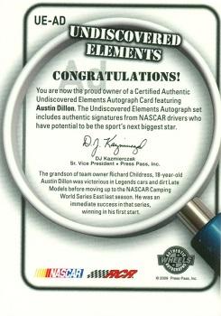 2009 Wheels Element - Undiscovered Elements Autographs Red Ink #UE-AD Austin Dillon Back