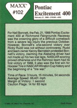 1989 Maxx #102 Pontiac Excitement 400 Back