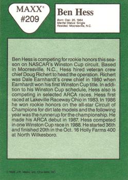 1989 Maxx #209 Ben Hess Back
